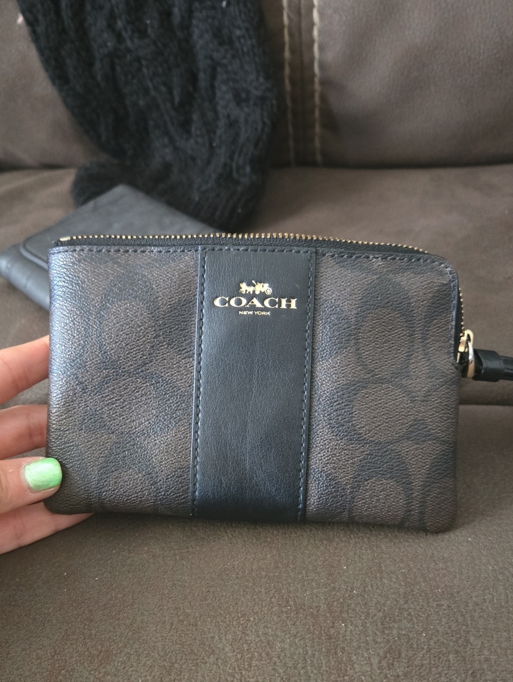 Coach Brown Signature Zip Wallet with Black Center Panel